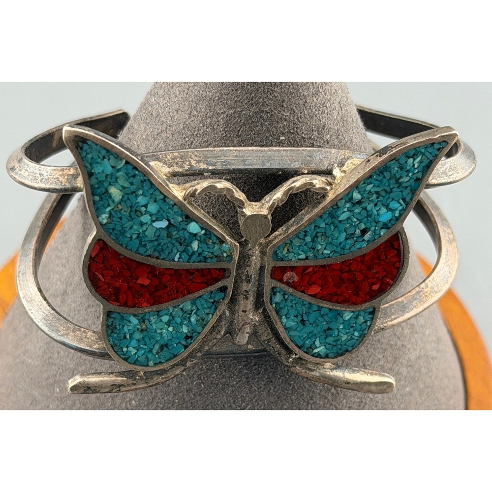 Vintage Sterling Silver Butterfly Cuff Bracelet Turquoise Red Stone Inlay